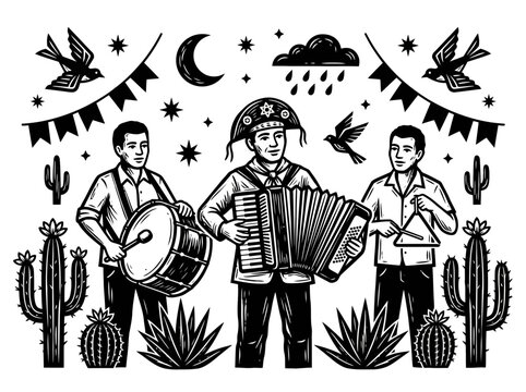 Brazilian Forro Folk Band Woodcut Illustration with Accordion and Cacti