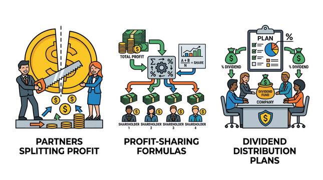 Diagrams explaining partner profit sharing and dividend distribution formulas.