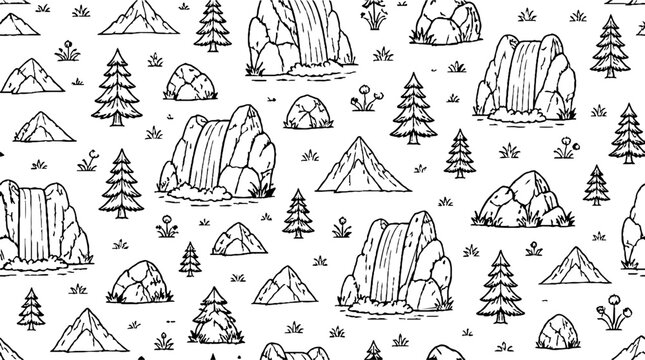 Minimalist mountain forest line art pattern design.