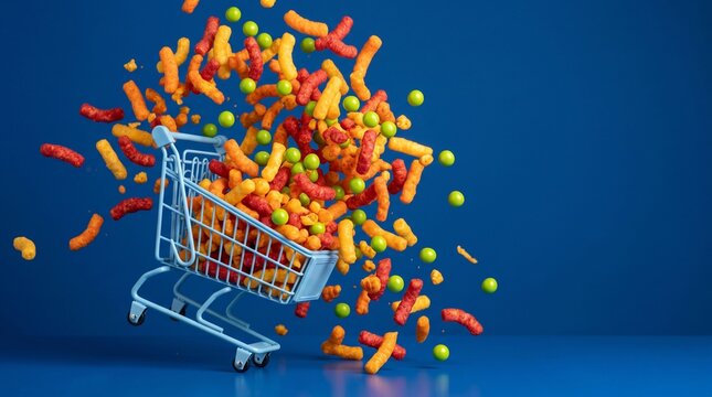 Colorful corn puffs and snacks flying from blue shopping cart on studio background
