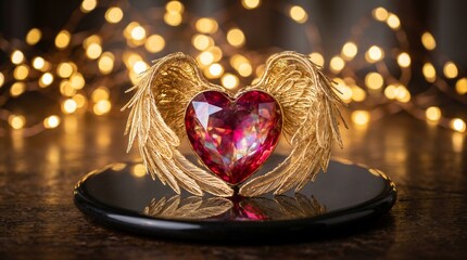Naklejka premium Red Crystal Heart with Golden Angel Wings on Black Surface with Bokeh Background