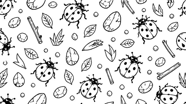 Black and white ladybug and leaf pattern design.