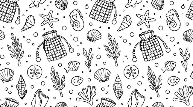 Hand drawn sea life and coral pattern design.