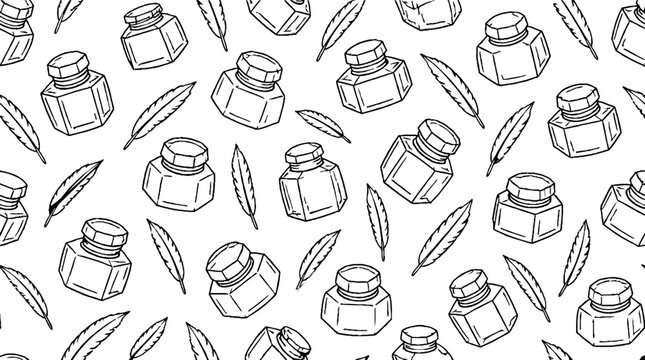 Vintage ink bottles and quill pens illustration pattern.