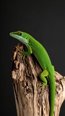Fototapeta premium Vibrant Green Anole Lizard Perched on a Textured Branch Against a Black Backdrop
