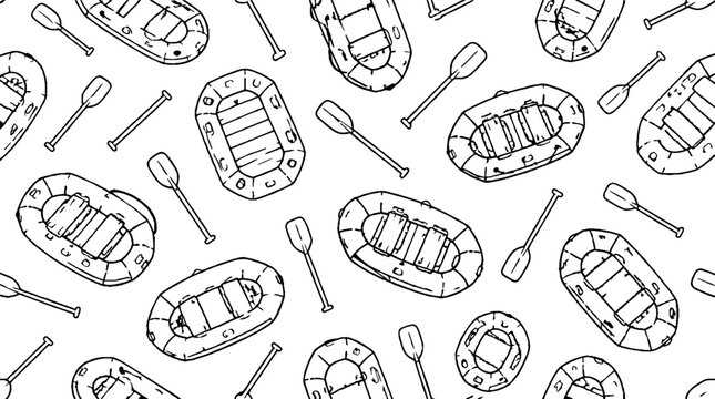 Illustrated collection of rafts and paddles for outdoor adventures.