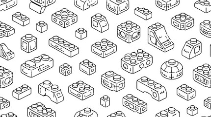 Naklejka premium Assorted Lego bricks in black and white line art style.