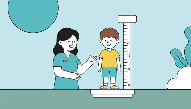 Friendly female nurse measuring the height of a young boy using a stadiometer in a medical clinic or school office.