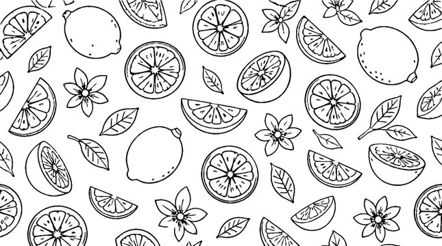 Hand drawn citrus fruits and leaves pattern design.