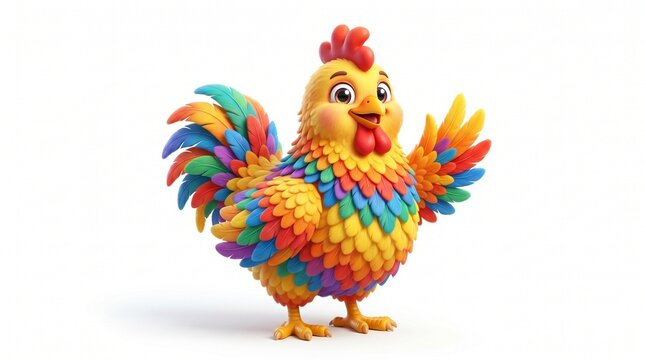 Colorful 3D Cartoon Chicken Waving on White Background