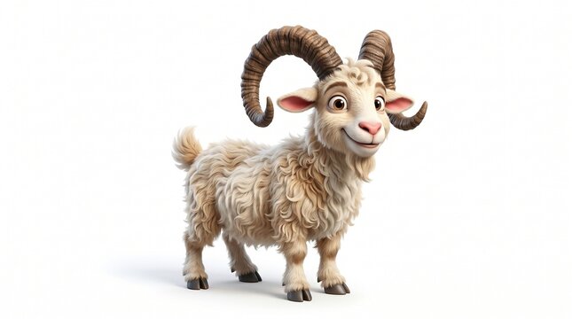Friendly Cartoon Goat with Curled Horns and Shaggy Fur 3D Render