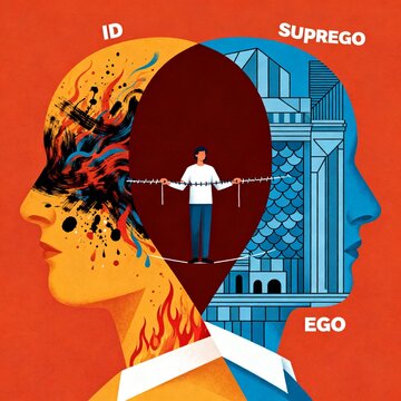 Conceptual vector illustration of Freud's theory of personality with human head split into three parts showing Id, Ego, and Superego inner conflict