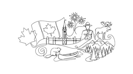 Obraz premium Canada Montage: Parliament Hill, Maple Leaf Flag, Moose, Beaver, Canoe, Mountains, RCMP, Fireworks