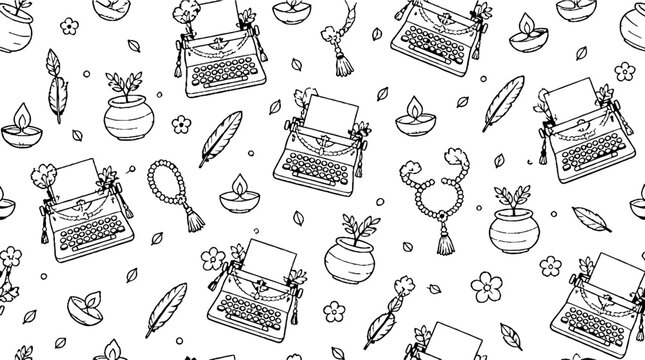 Vintage Typewriter and Writing Tools Pattern Design.