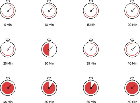 Set of stopwatch icons showing time intervals from 5 to 60 minutes timer clock