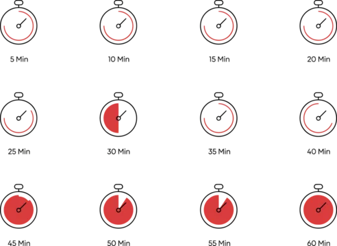 Set of stopwatch icons showing time intervals from 5 to 60 minutes timer clock