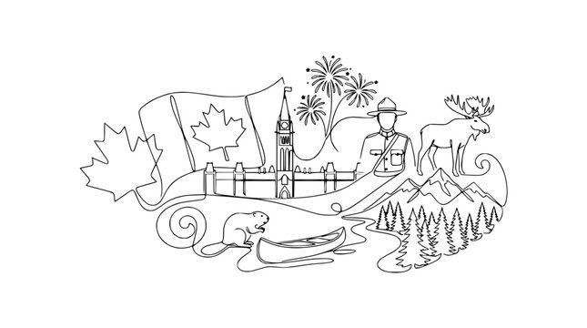 Canada Montage: Parliament Hill, Maple Leaf Flag, Moose, Beaver, Canoe, Mountains, RCMP, Fireworks