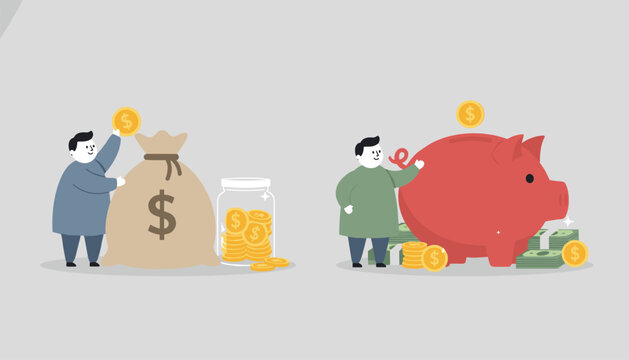 Personal finance concept showing men successfully saving money in a large sack, a glass jar, and a red piggy bank.