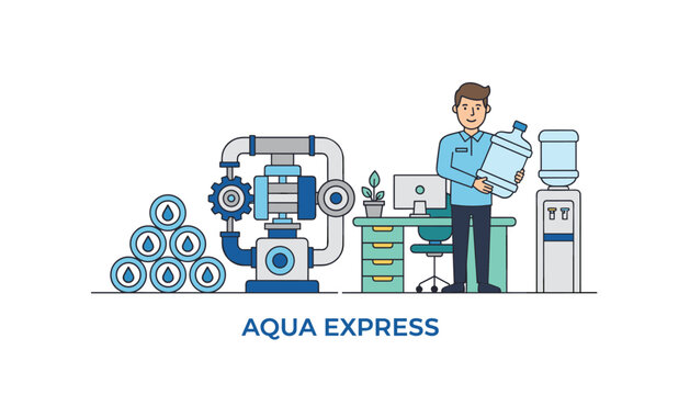Professional water delivery service graphic featuring a worker holding a large bottle, pumps, and the aqua express name.