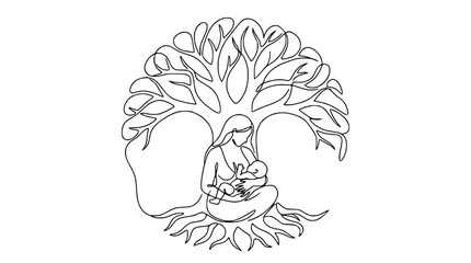 Fototapeta premium Continuous line drawing of mother breastfeeding baby under tree of life, symbol of nurturing and family.