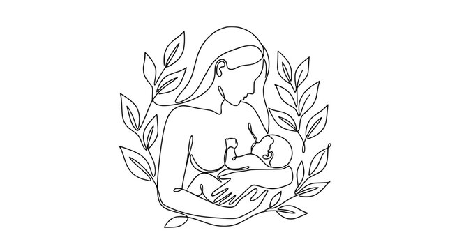 Mother Nursing Newborn Baby, Continuous Line Art, Floral Wreath, Love and Nurturing