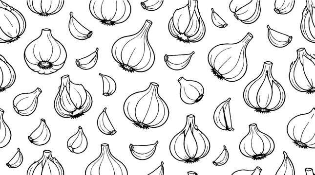 Hand drawn garlic bulbs and cloves pattern design.