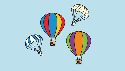 Fototapeta premium Colorful hot air balloons and skydivers with parachutes floating in a clear blue sky during an outdoor adventure activity.