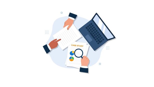 4k Business Professionals Analyzing Case Study Data with Laptop and Magnifying Glass Animation
