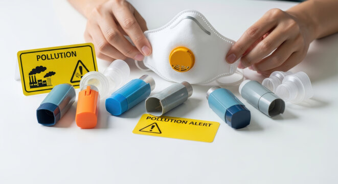 Air pollution related disease protection mask with inhalers and warning signs on white background for respiratory health care
