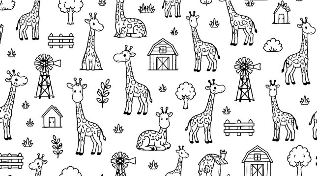 Playful giraffe and farm scene illustration pattern.