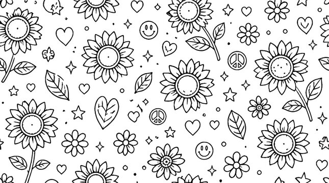 Hand Drawn Sunflower and Heart Pattern Design.