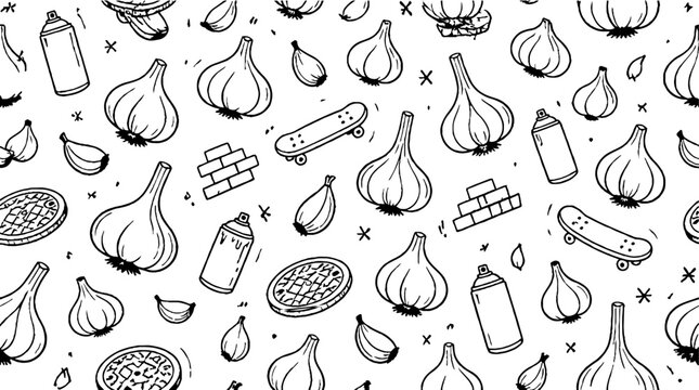 Hand drawn garlic and pizza ingredients pattern design.