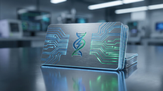 Digital DNA chip with glowing circuit pattern on metallic surface in futuristic laboratory environment