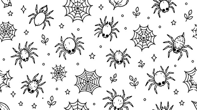Halloween spider web pattern with spiders and stars.
