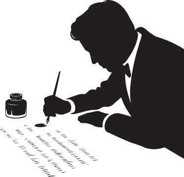 Silhouette of man writing with fountain pen in formal attire isolated on white background in classic illustration style
