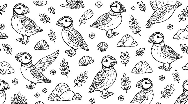 Detailed illustration of puffins and nature elements.