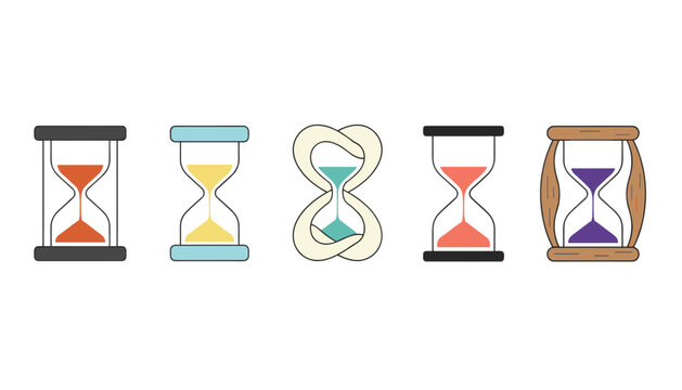 Collection of five unique hourglass designs representing the passage of time with different shapes, colors, and frame styles.