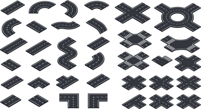 Isometric road elements, highway junction segments, city street intersection parts, asphalt curved highway paths, crossroads roundabout traffic map constructors