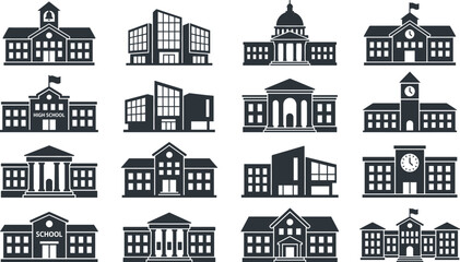Fototapeta premium School building icons, university campus silhouettes, government courthouse architecture, high school facade elements, institutional public city hall graphic designs