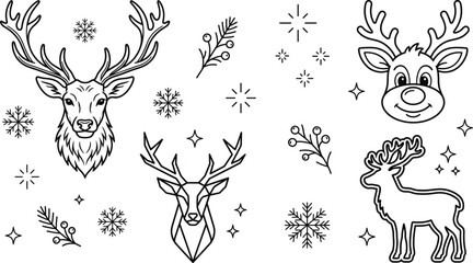 Christmas reindeer head and deer silhouette icons set with winter snowflakes for holiday decoration vector illustration © Sabbir Studio