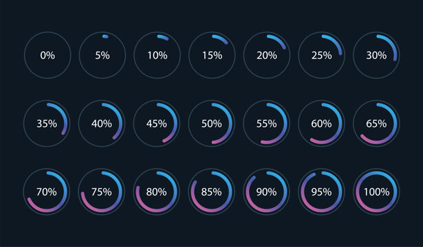 Set of gradient infographic percentage piecharts / segment of hole circle icons 0% - 100%, simple flat design loading data interface elements app button ui ux web, vector isolated on dark background	