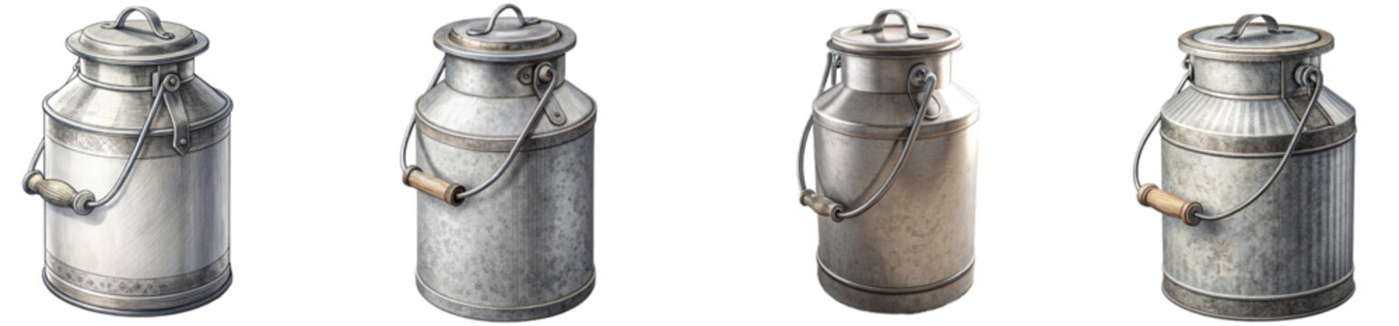 Set of classic rustic metal milk cans for dairy farm on transparent background