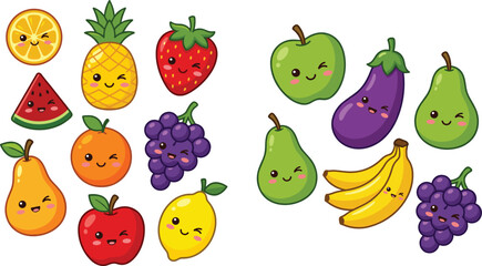 Fototapeta premium Cute Kawaii Fruit and Vegetable Characters – Funny Face Cartoon Flat Vector Illustration Set
