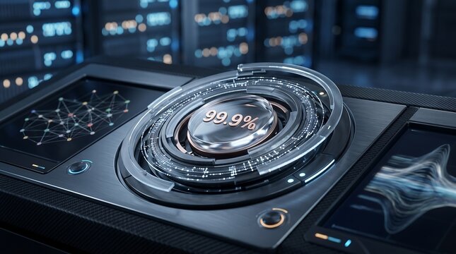 High-tech interface showing 99.9 percent uptime guarantee