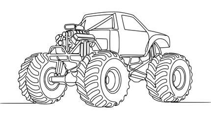 Monster Truck Outline Drawing, Off-Road Vehicle with Big Wheels and Engine © Wesi