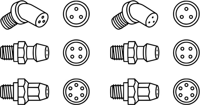 Industrial Automation M12 Connectors Vector Line Art Icon Set for Electronic Devices, Sensors, and Control Systems Engineering