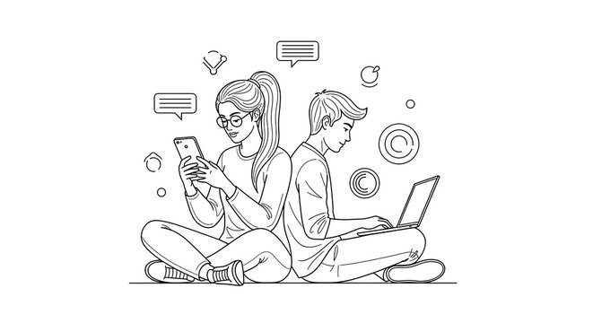 A young woman and a young man are sitting side-by-side on the floor, both engrossed in their smartphones. The woman is wearing glasses and has her hair pulled back in a ponytail.