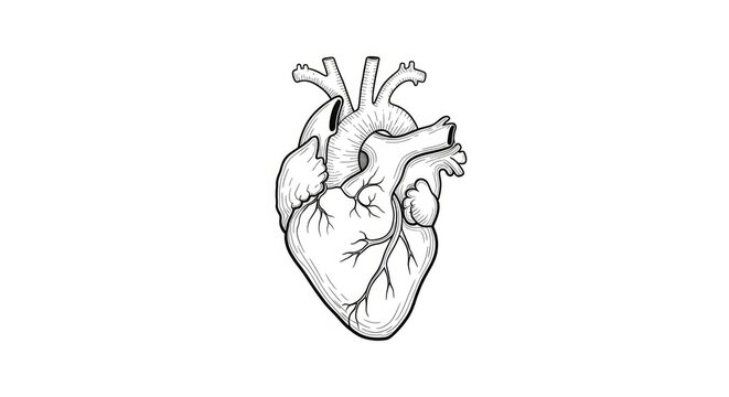 A detailed black and white line drawing depicts a human heart. The heart is rendered with intricate veins and arteries, showcasing its complex structure.