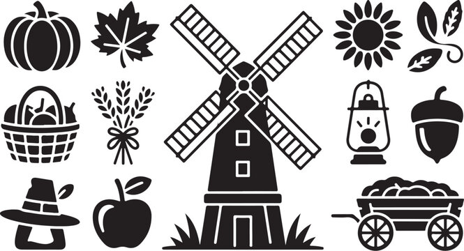 Autumn harvest icons, black vector set, farm symbols, seasonal graphics