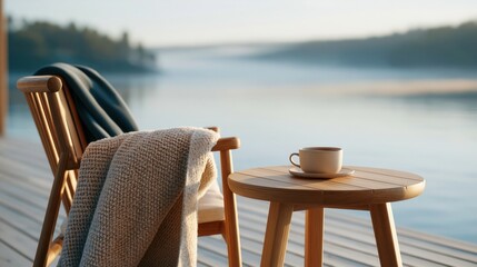 Obraz premium Refined scandinavian lakeside terrace with coffee cup at dawn